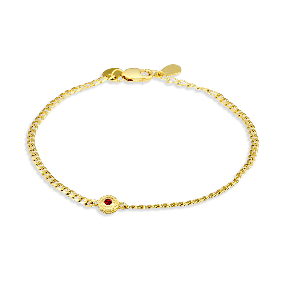Gold Plated Ruby CZ Hammered Circle Curb Bracelet
