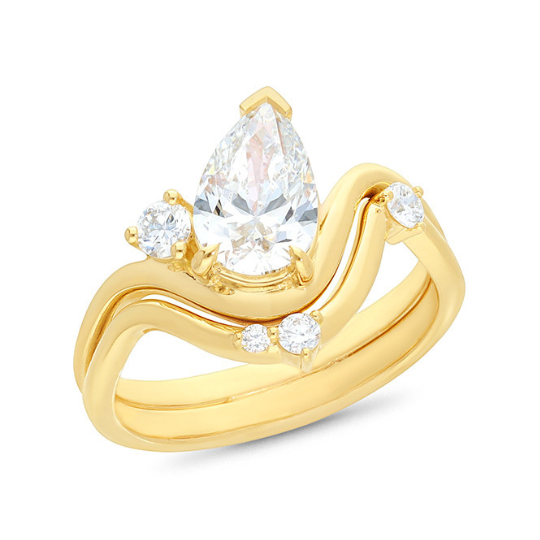 9k Yellow Gold 'Serena' Pear & Round Wave Matching Ring Set
