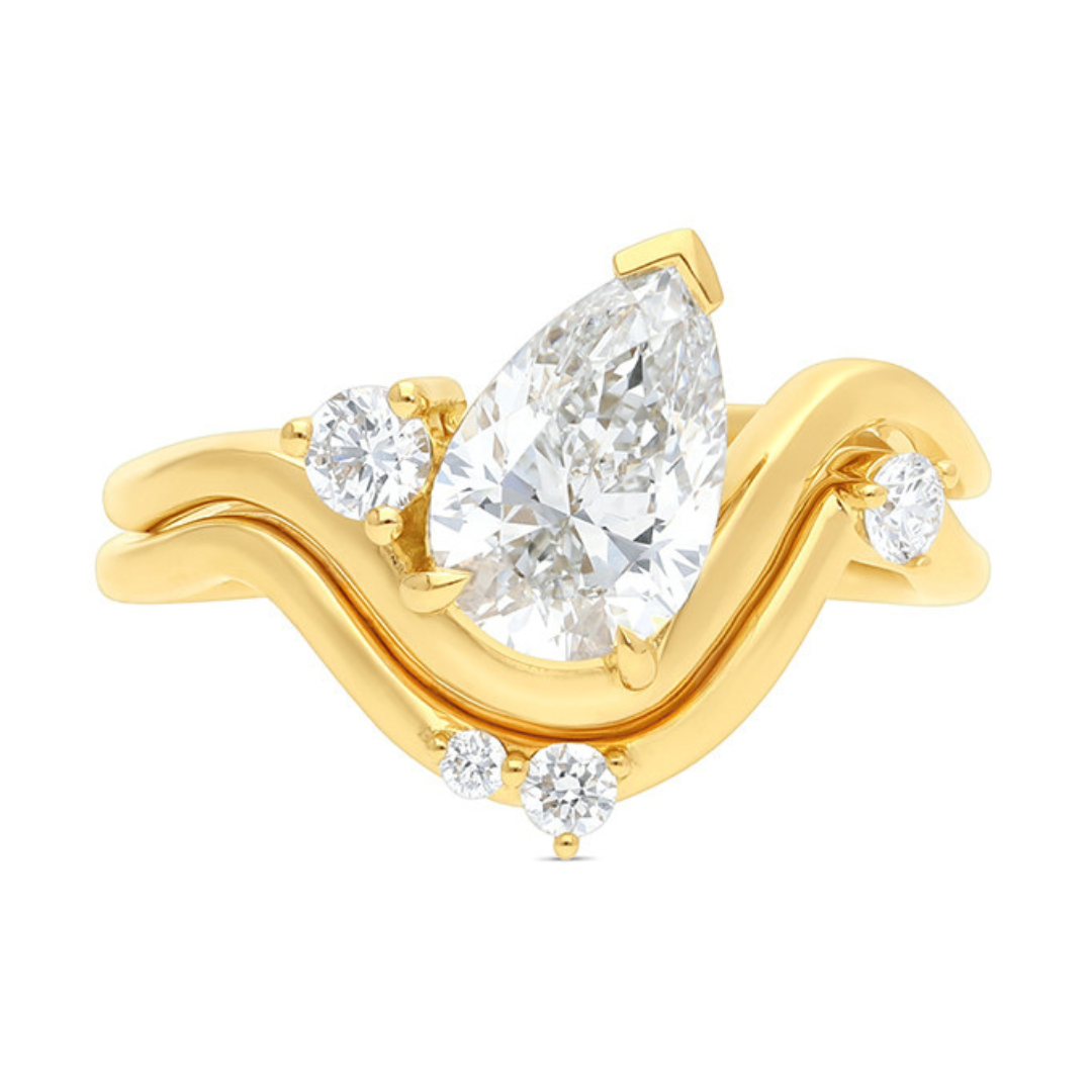 9k Yellow Gold 'Serena' Pear & Round Wave Matching Ring Set