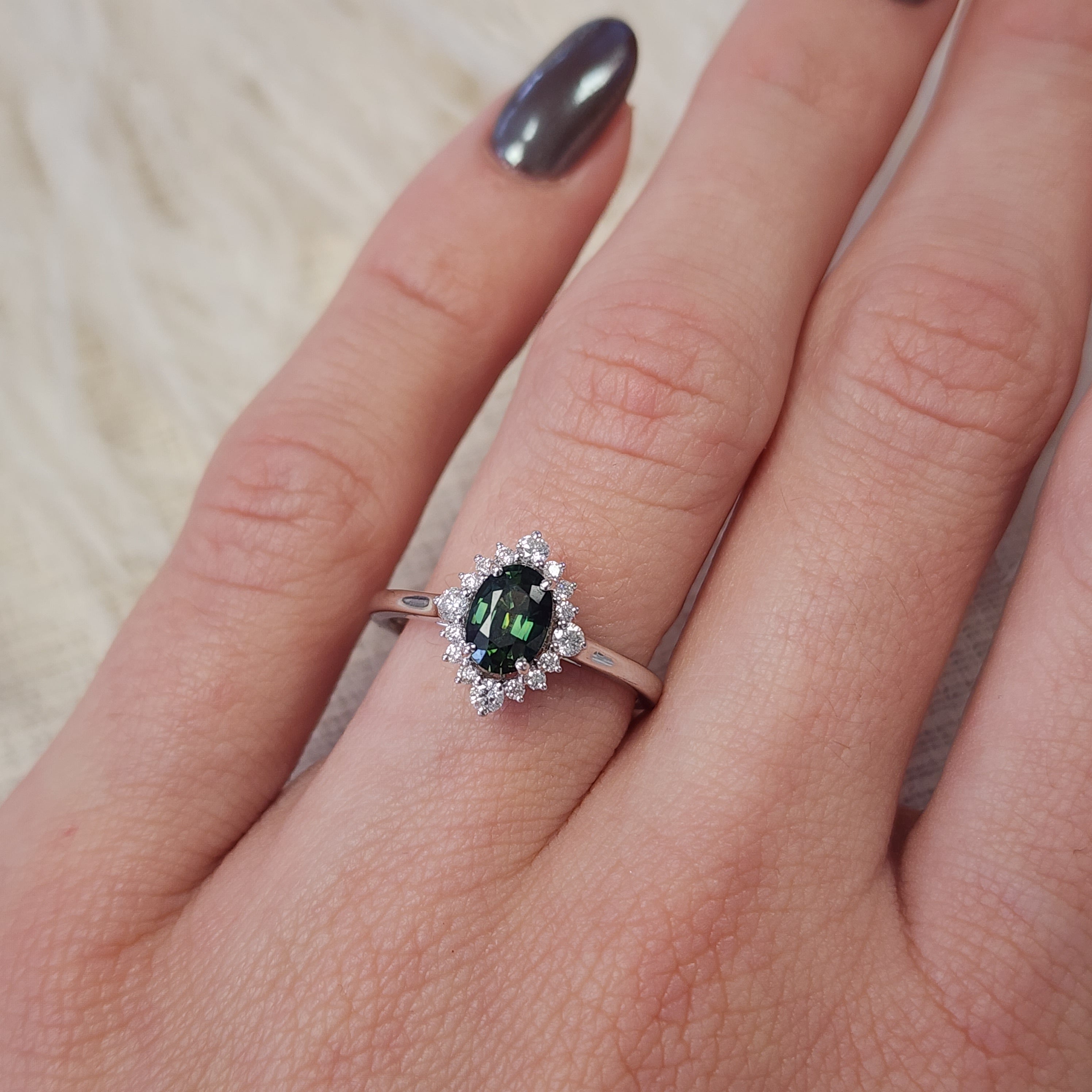 18k White Gold Sunrise Green Sapphire Ring