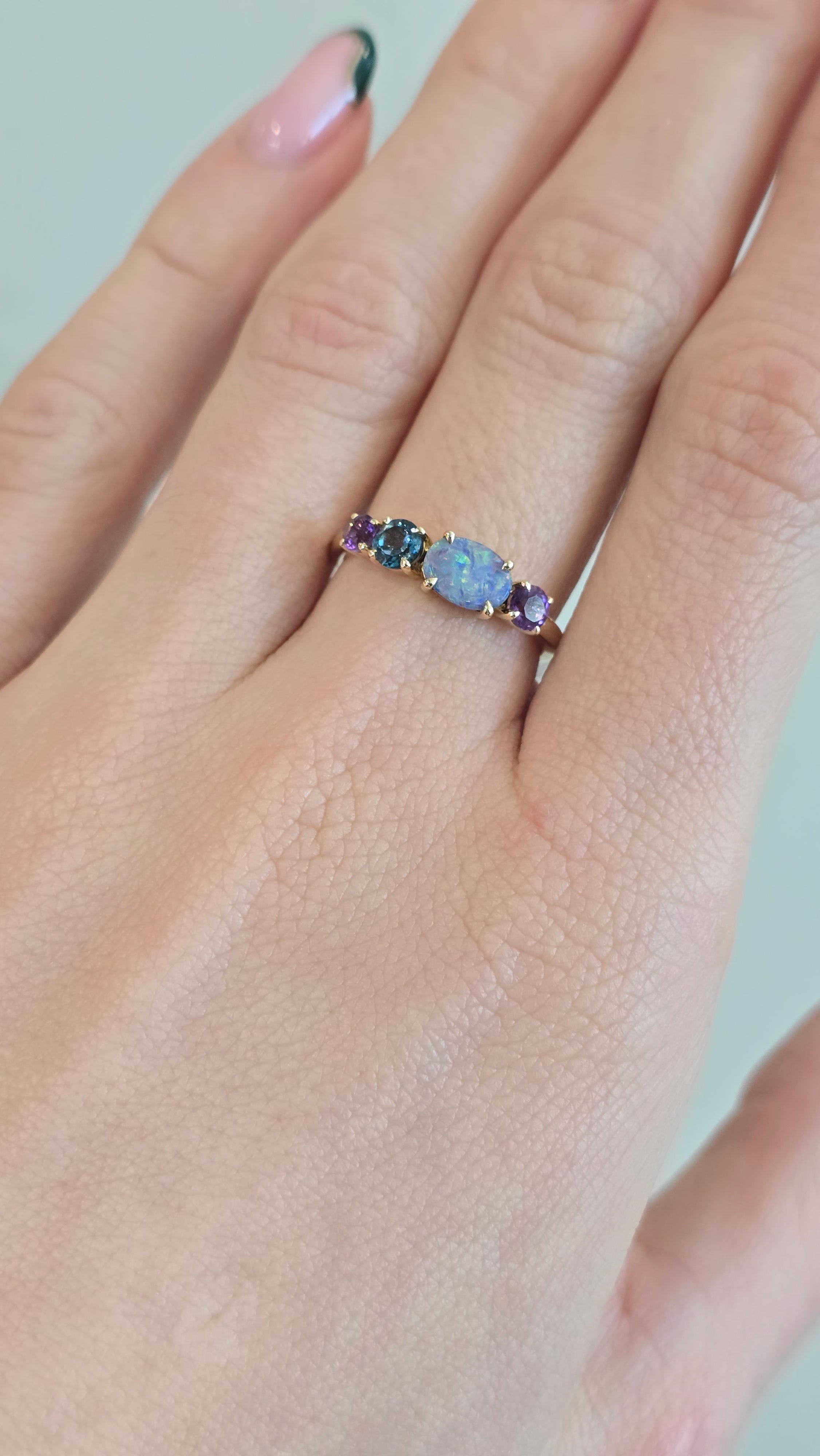 9k Yellow Gold Opal, Amethyst & Topaz Ring