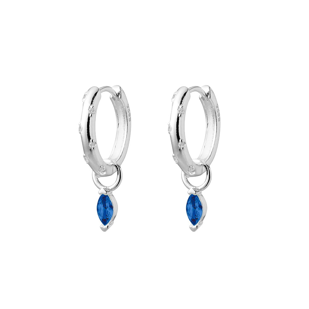 Silver Sapphire Blue Marquise Drop Huggie Earrings