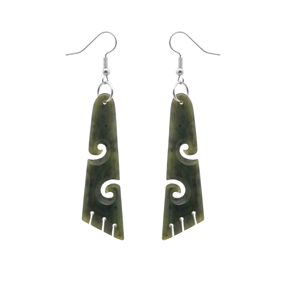 Double Koru Angled Pounamu Drop Earrings