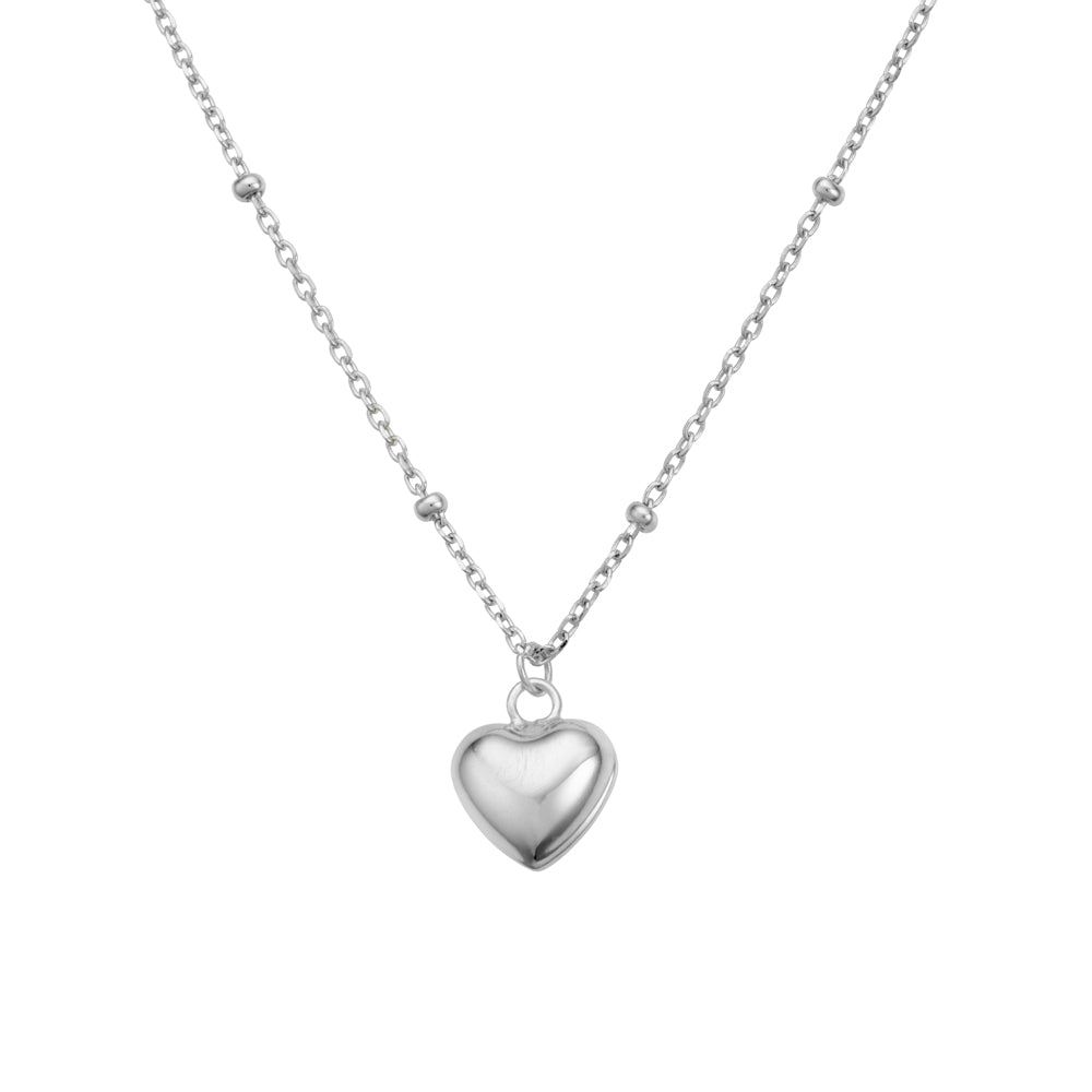 Sterling Silver Fine Satellite Chain with Puff Heart Necklace