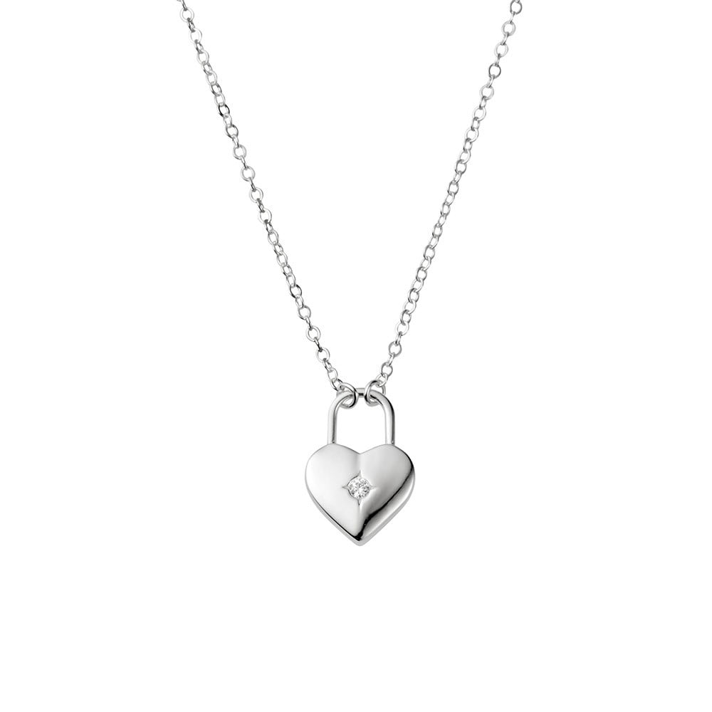 Sterling Silver Necklace with Heart Padlock and CZ detail