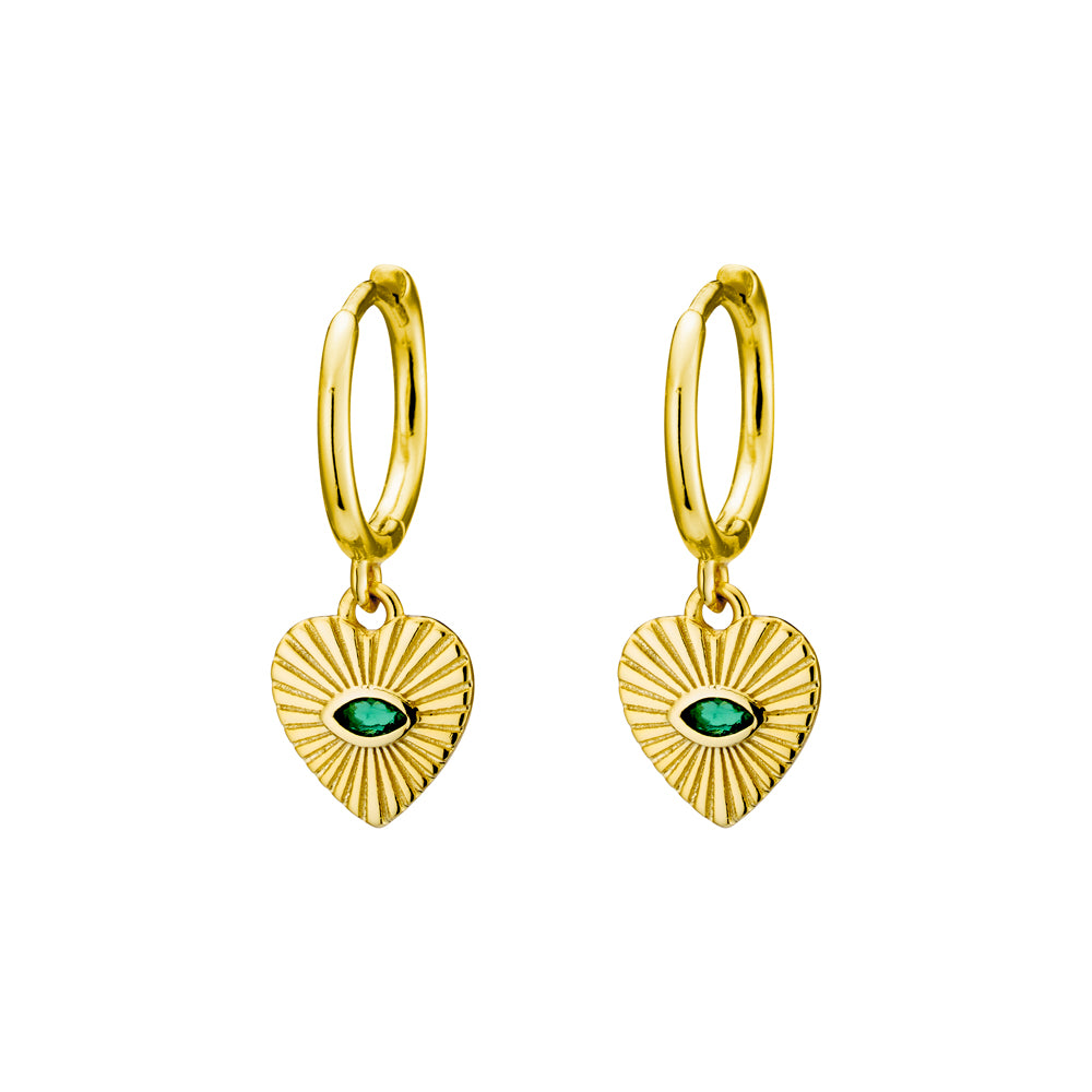 Gold Plated Green CZ Fan Heart Rays Eye Earrings