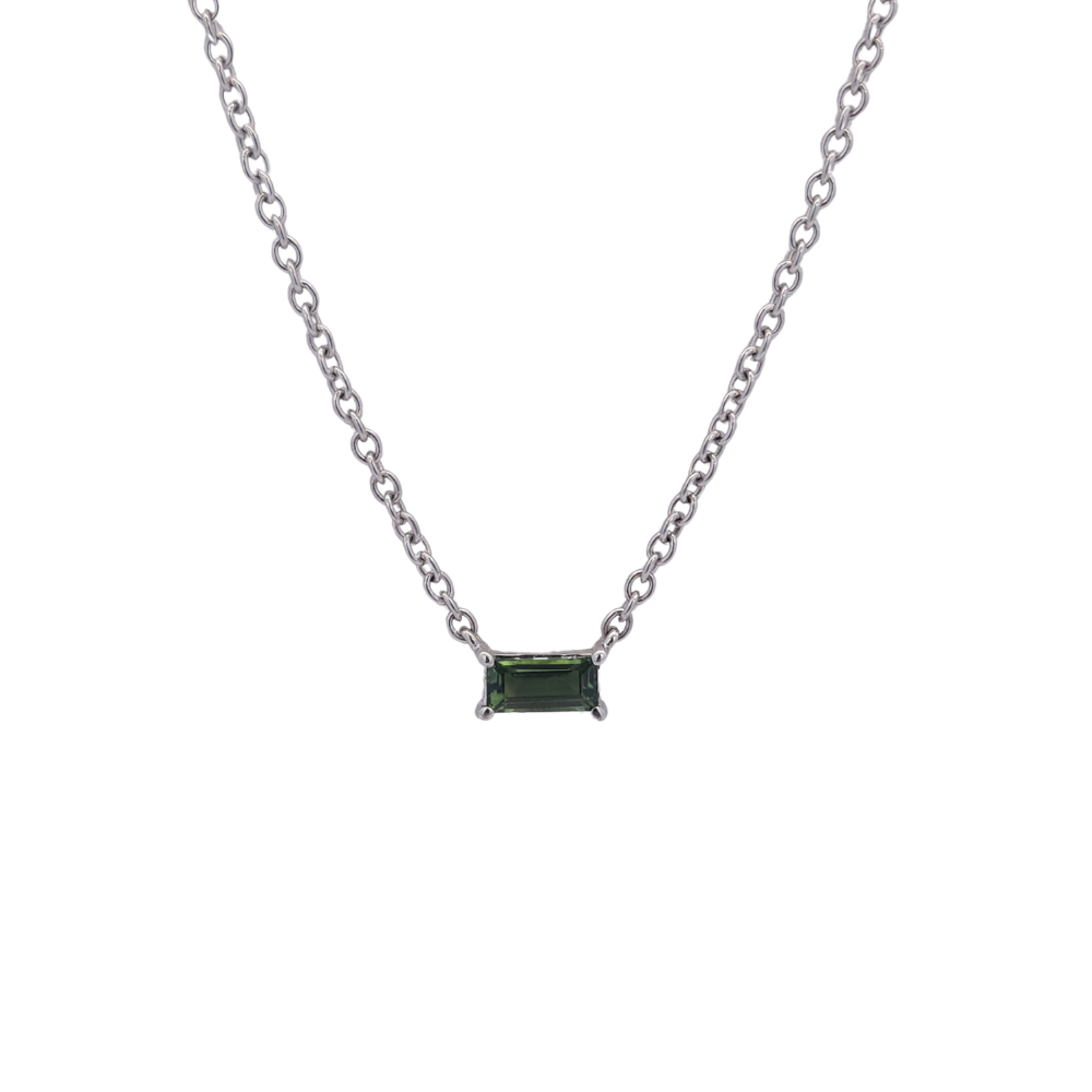 9k White Gold Green Sapphire Baguette Necklace