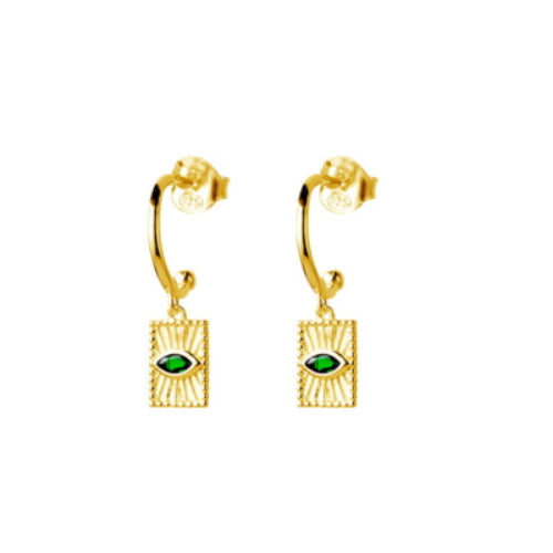 Gold Plated Emerald CZ Eye Charm Hoop Earrings