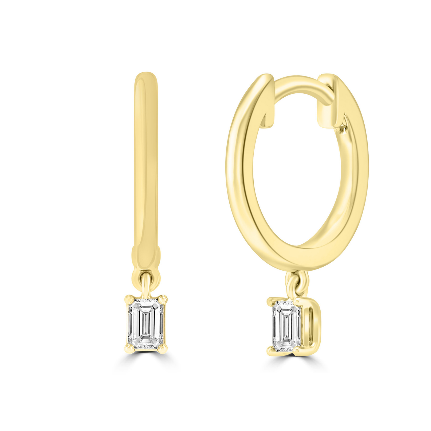 9k Yellow Gold Emerald Cut Drop Diamond Hoop Earrings