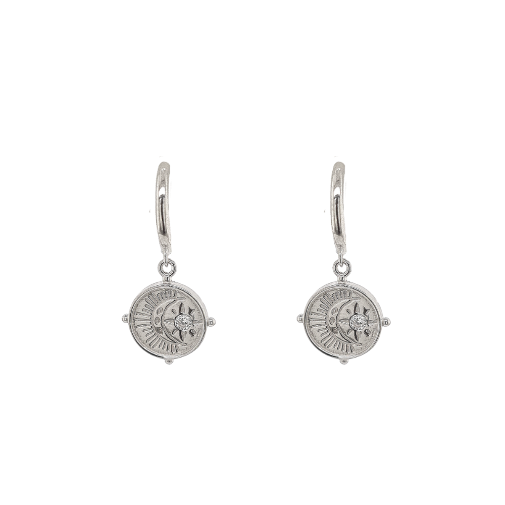 Sterling Silver Star & Moon Disc CZ Hoop Earrings