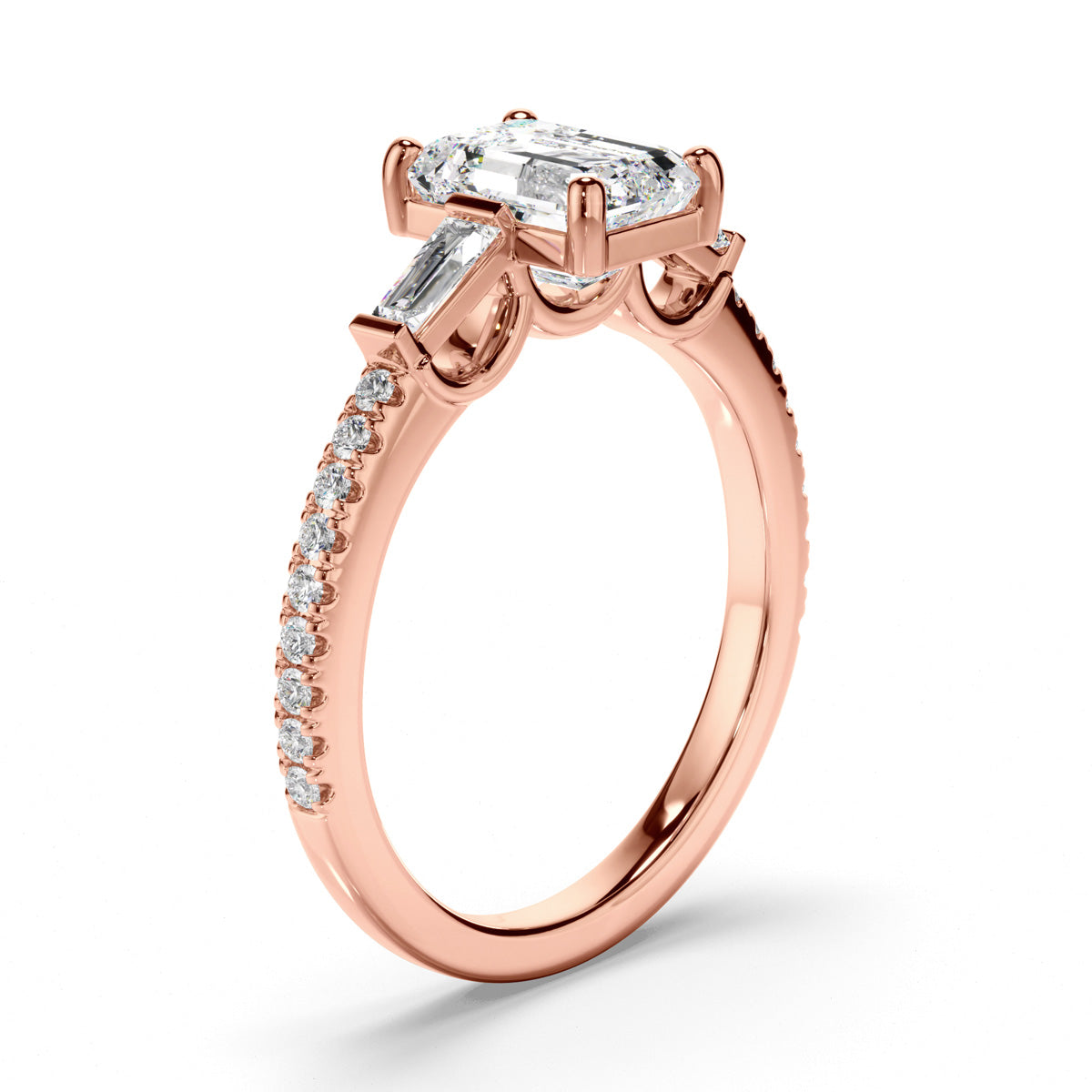 Emerald Cut Diamond Engagement Ring with Baguette & Pave Sides