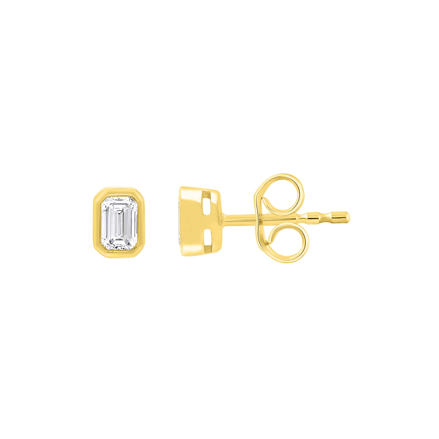 9k Yellow Gold Emerald Cut Bezel Set Lab Grown Diamond Stud Earrings