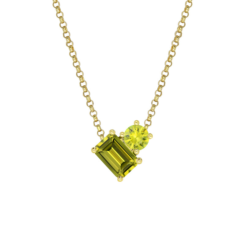 9k Yellow Gold 'Toi et Moi' Green & Yellow Sapphire Necklace