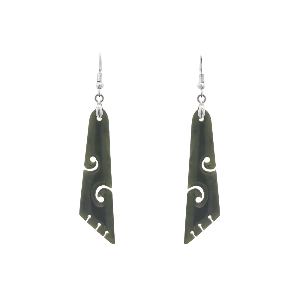 Double Koru Angled Pounamu Drop Earrings