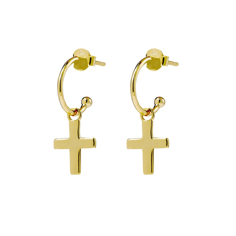 Gold Plated Half Hoop Earrings with Cross Charm