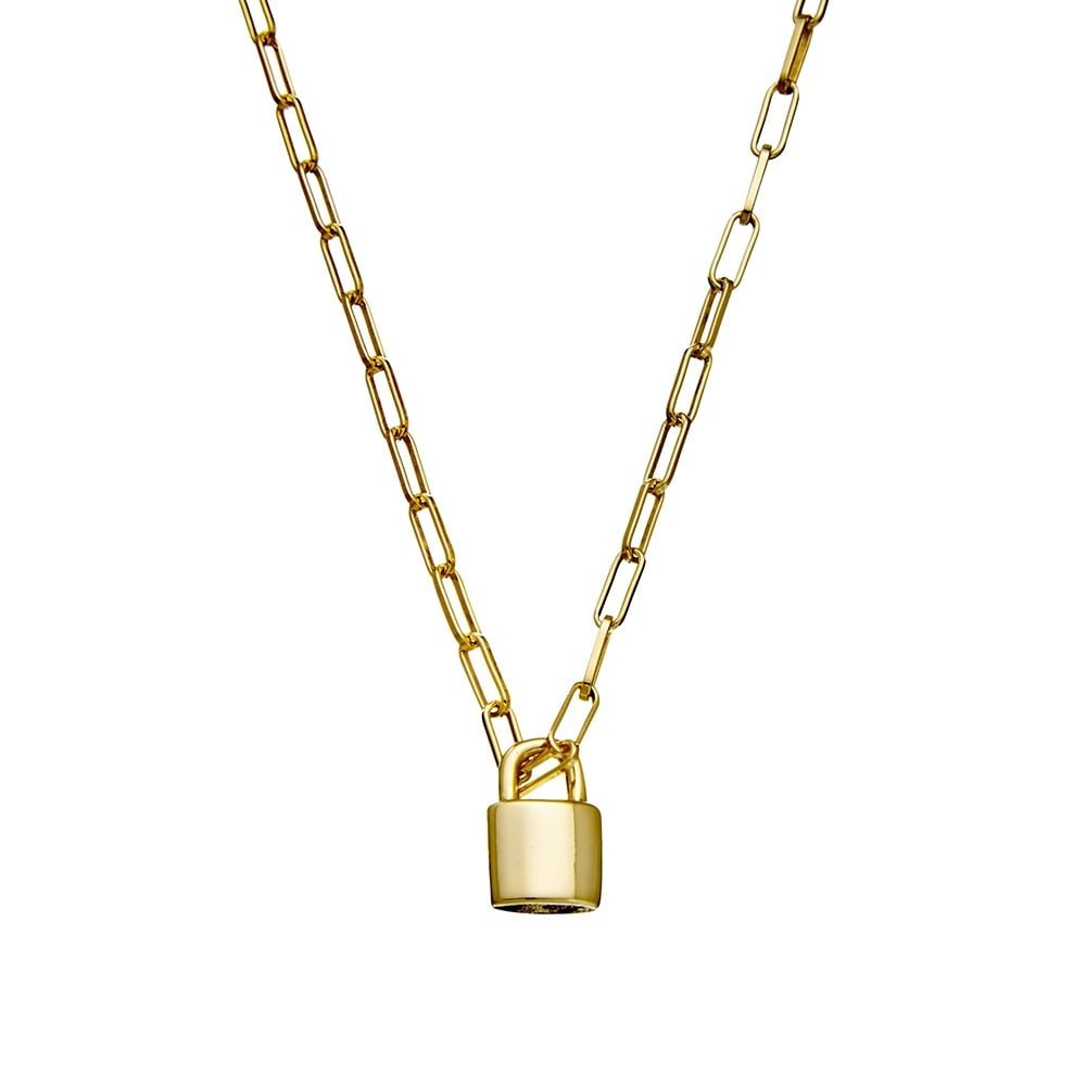 Gold Plated Oblong Chain Link Necklace with Padlock Charm