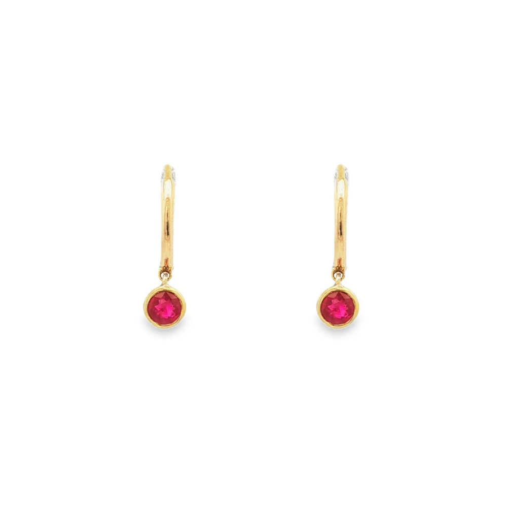 9k Yellow Gold Ruby Bezel Huggie Earrings