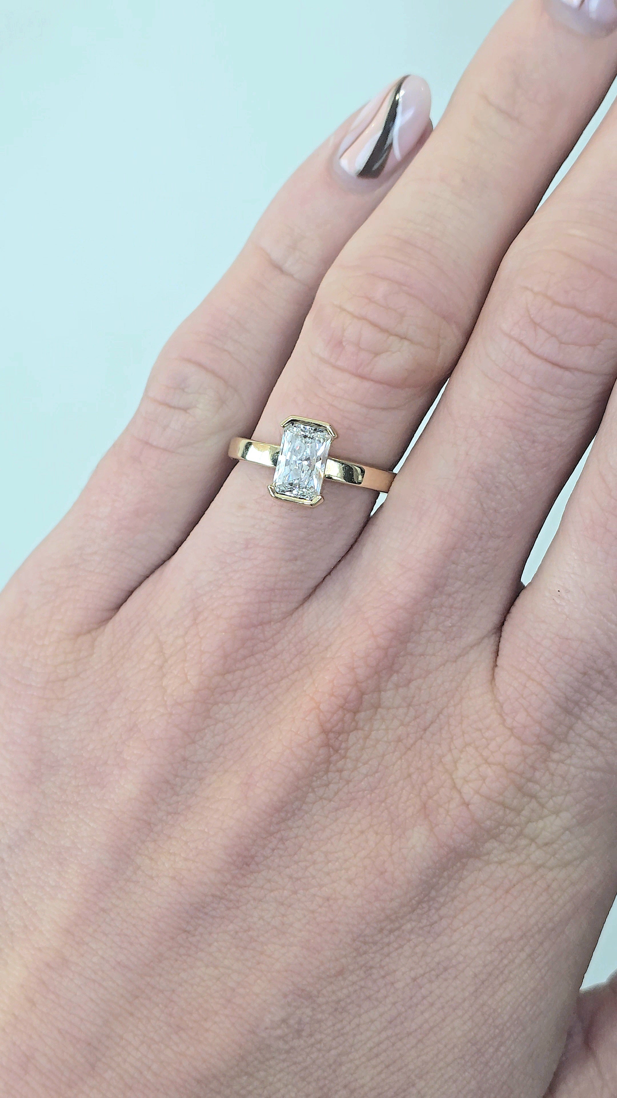 10k Yellow Gold 'Lena' Radiant Half Bezel Lab Diamond Solitaire Ring