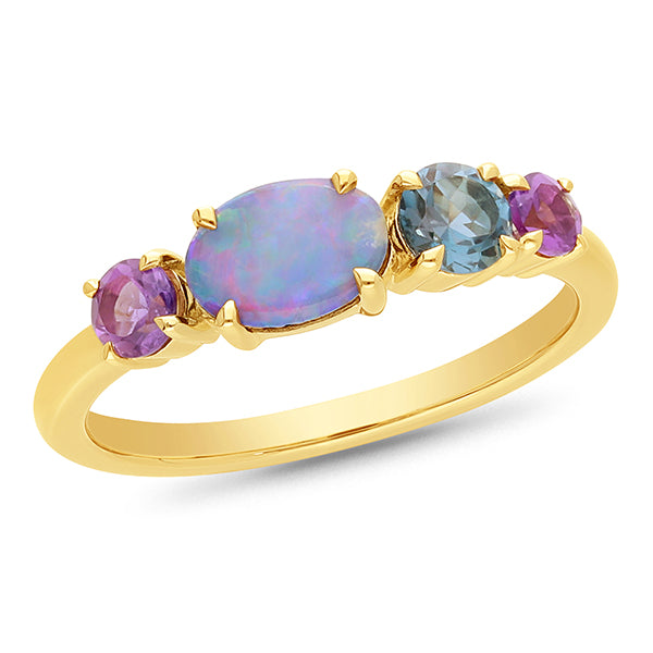 9k Yellow Gold Opal, Amethyst Topaz Ring