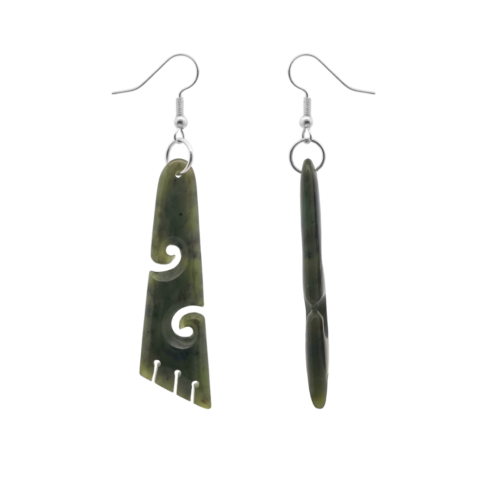 Double Koru Angled Pounamu Drop Earrings