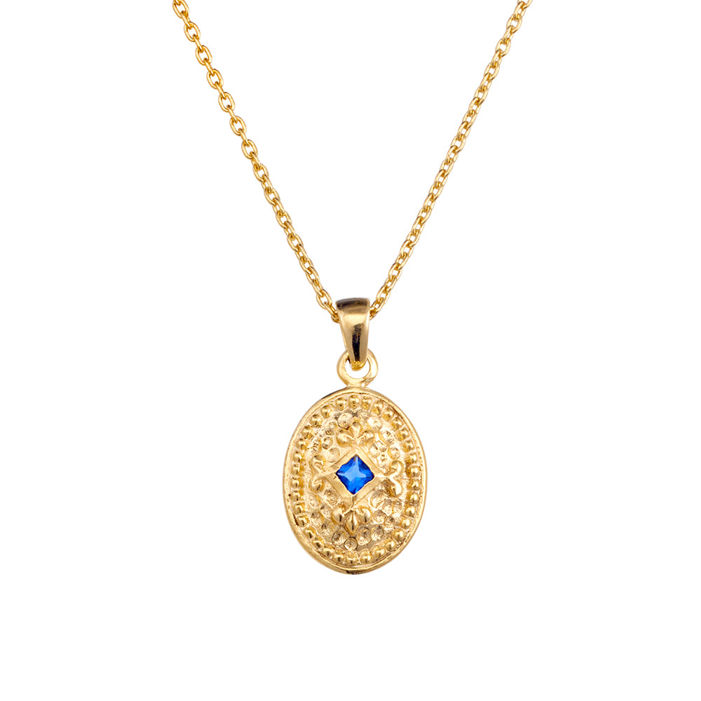 Gold Plated Necklace with Vintage Inspired Oval Pendant and Sapphire CZ