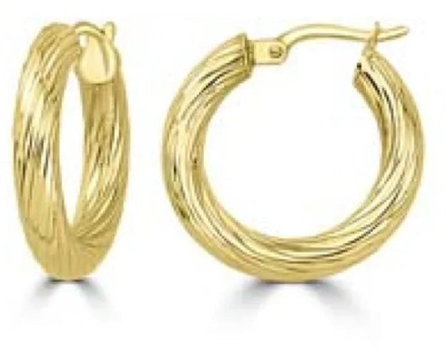 Yellow Gold Textured Twisted Hoop Earrings