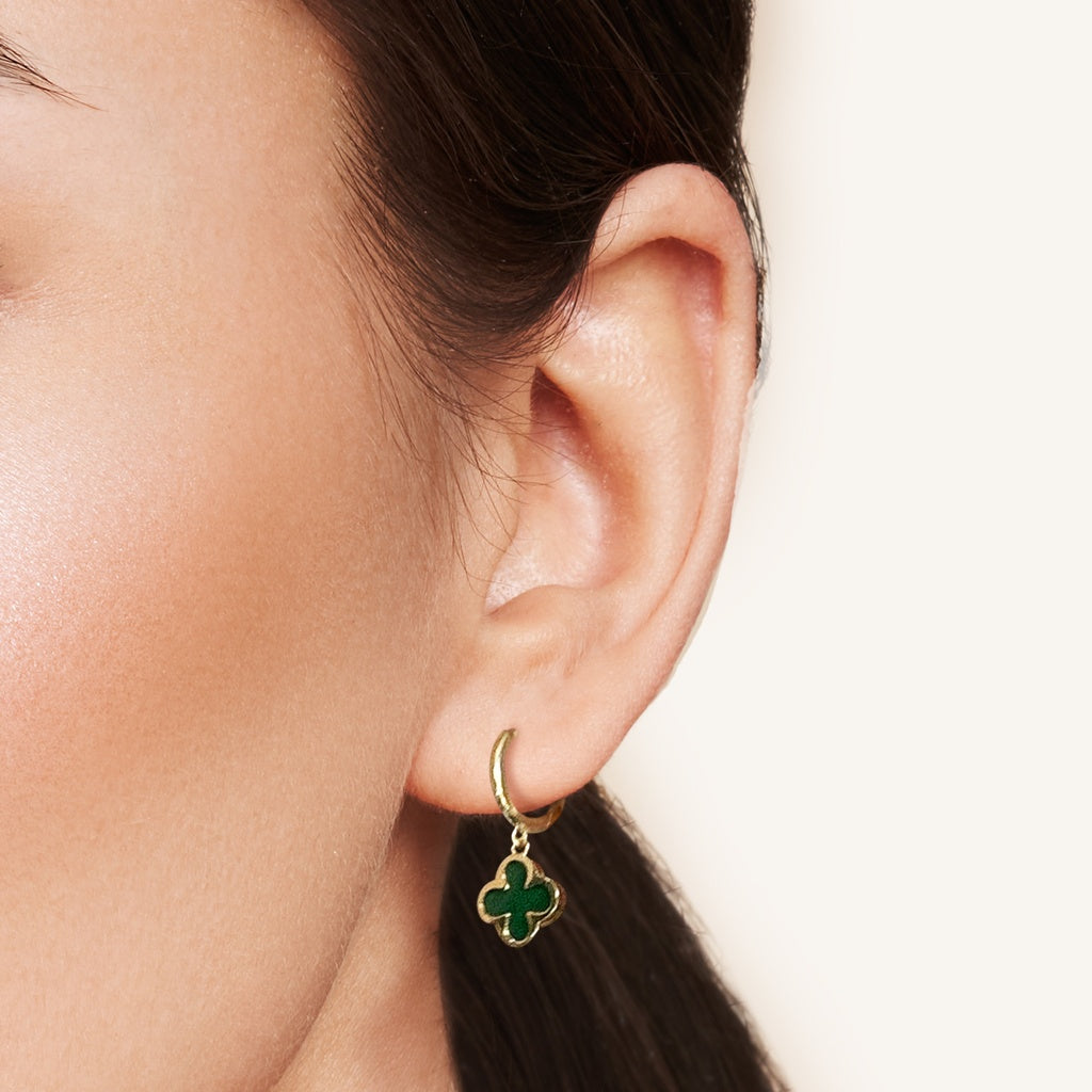 9k Yellow Gold Malachite Clover Hoop Earrings
