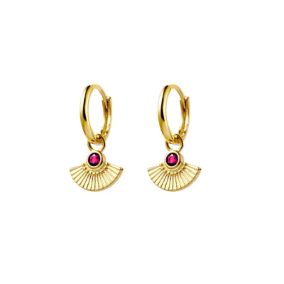 Gold Plated Ruby Pink CZ Fan Charm Huggie Earrings