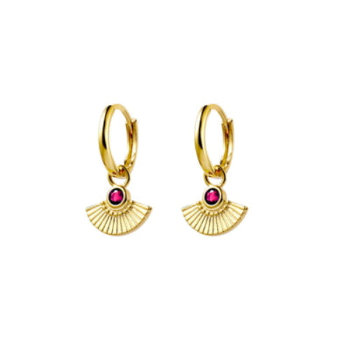 Gold Plated Ruby Pink CZ Fan Charm Huggie Earrings