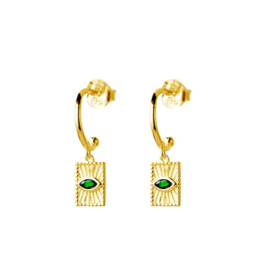 Gold Plated Emerald CZ Eye Charm Hoop Earrings