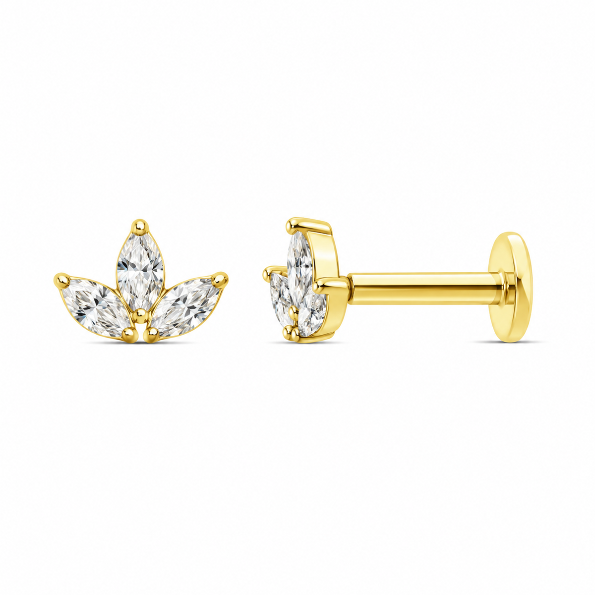 9k Yellow Gold Marquise Trio Lab Diamond Flat Back Stud