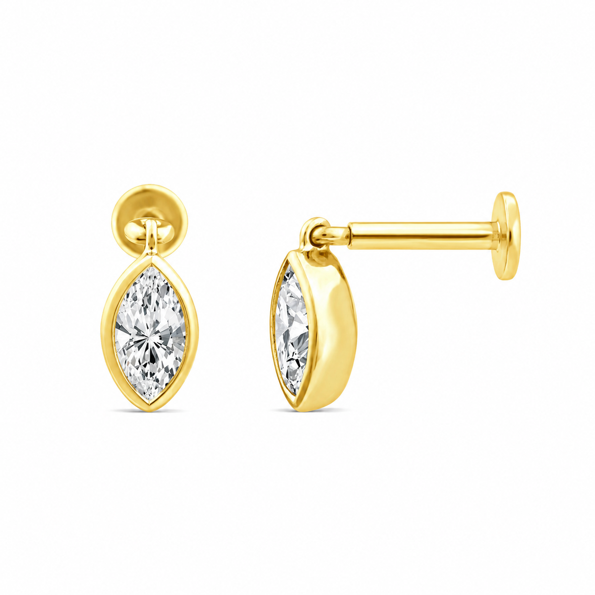 9k Yellow Gold Bezel Marquise Dangle Lab Diamond Flat Back Stud