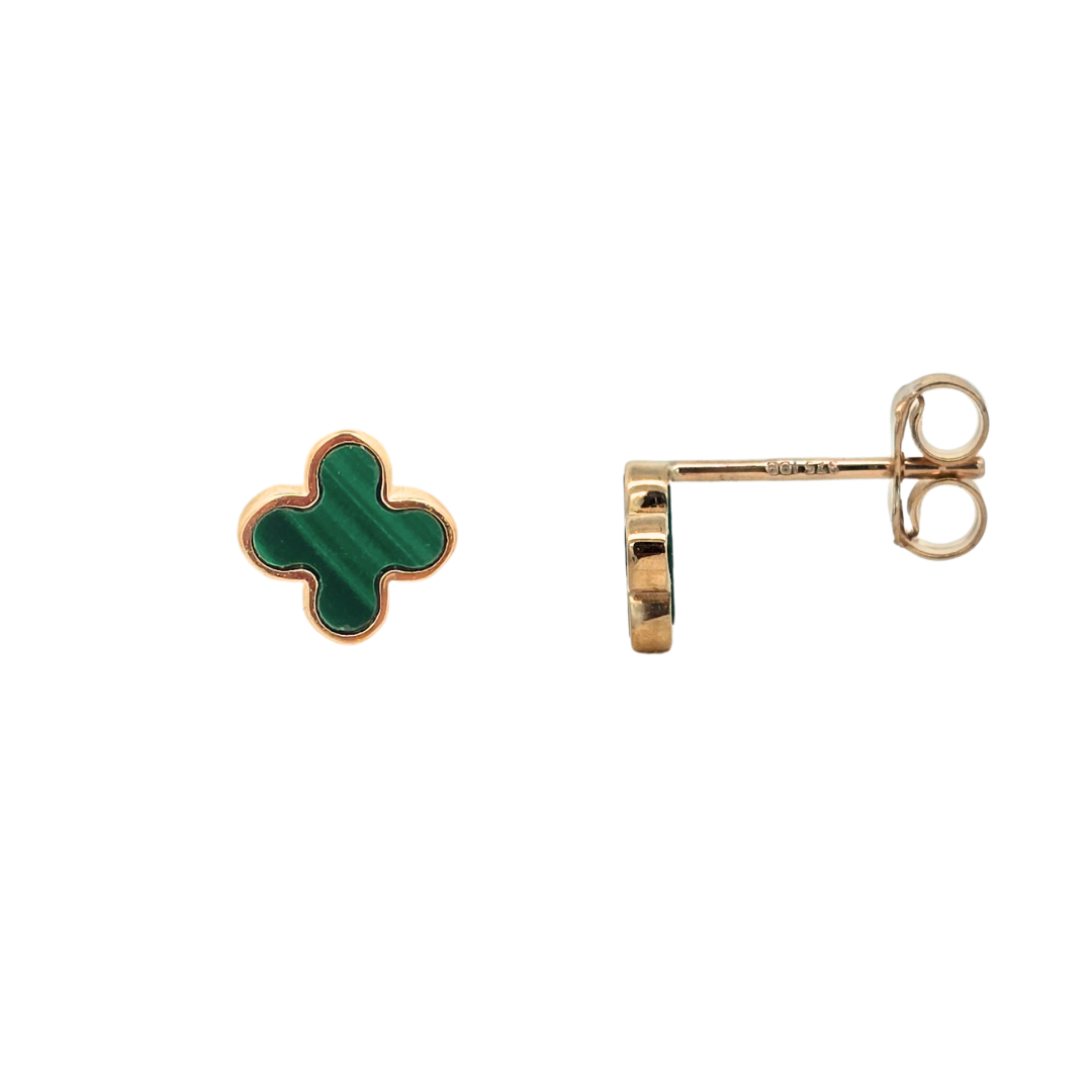 9k Yellow Gold Malachite Clover Stud Earrings