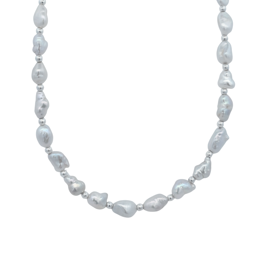 Sterling Silver Keshi Pearl & Silver Beads Necklace