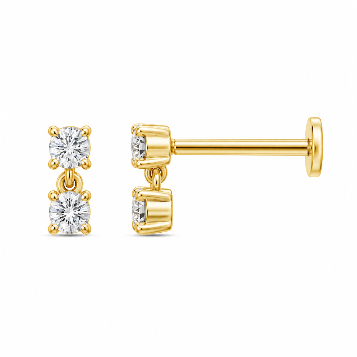 9k Yellow Gold Round Dangle Lab Diamond Flat Back Stud