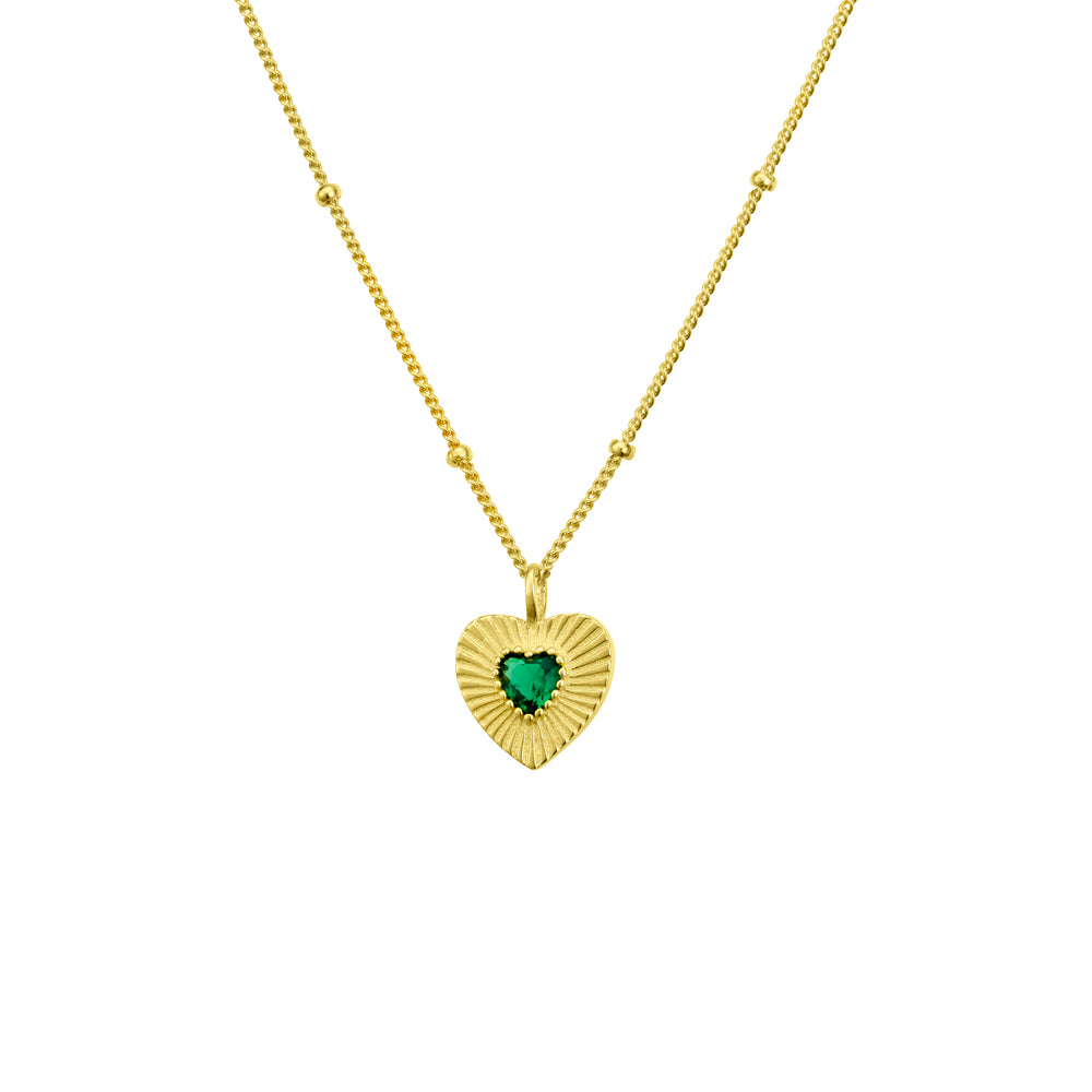 Gold Plated Satellite Chain Emerald CZ Heart Rays Necklace